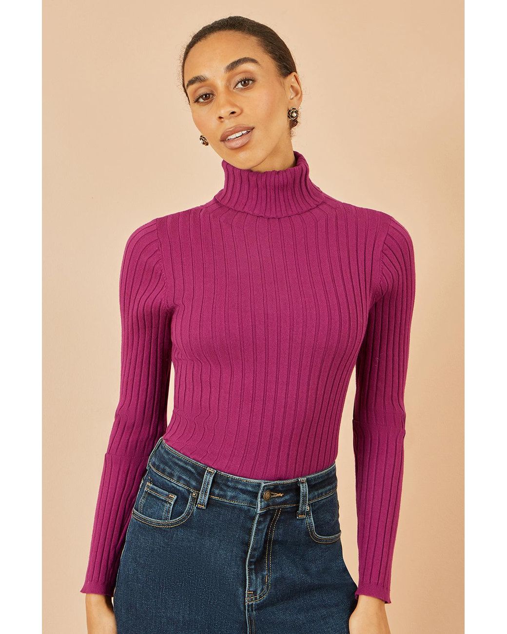 Yumi' Purple Ribbed Knit Roll Neck Jumper