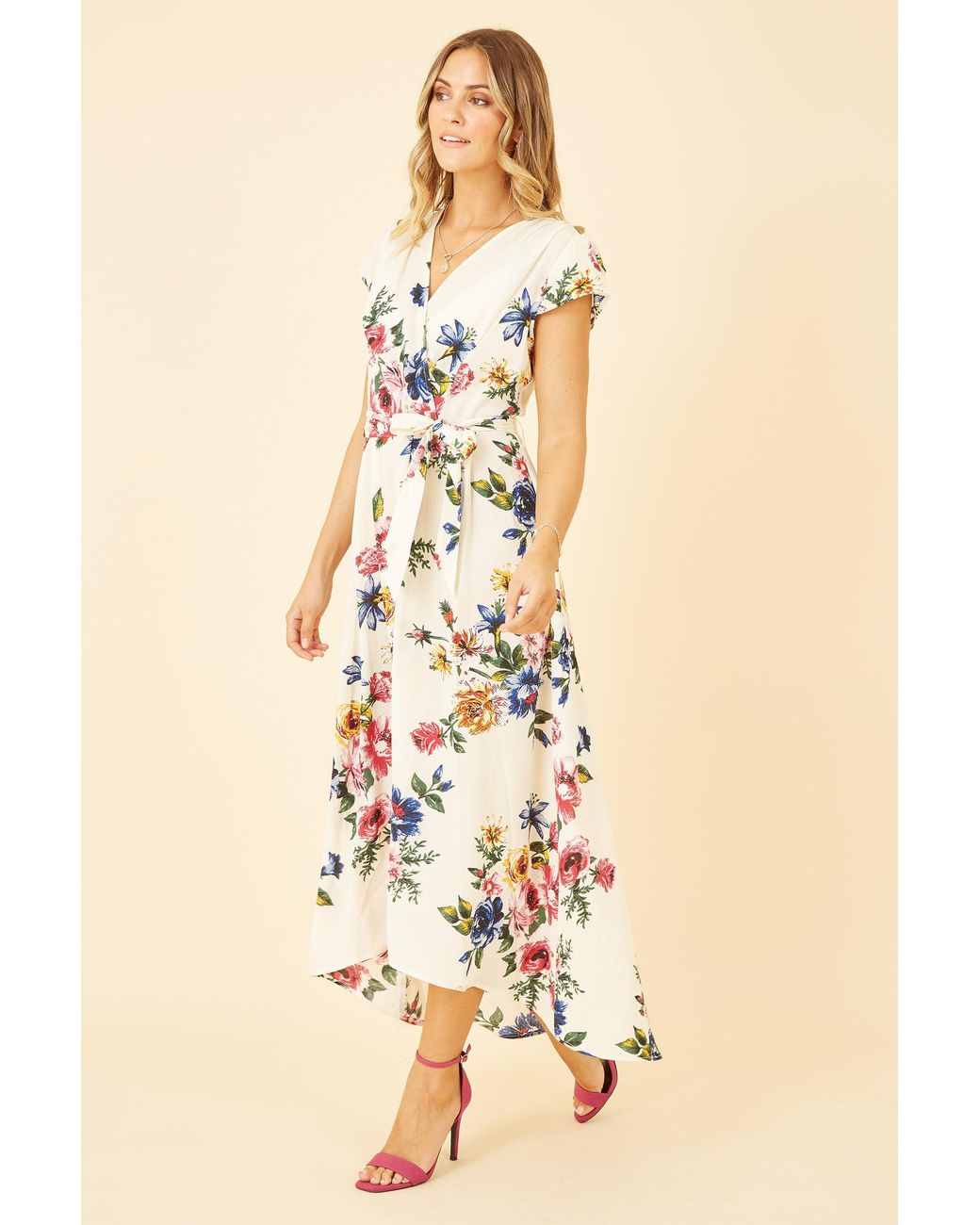 Yumi' Natural Floral Wrap Dip Hem Dress