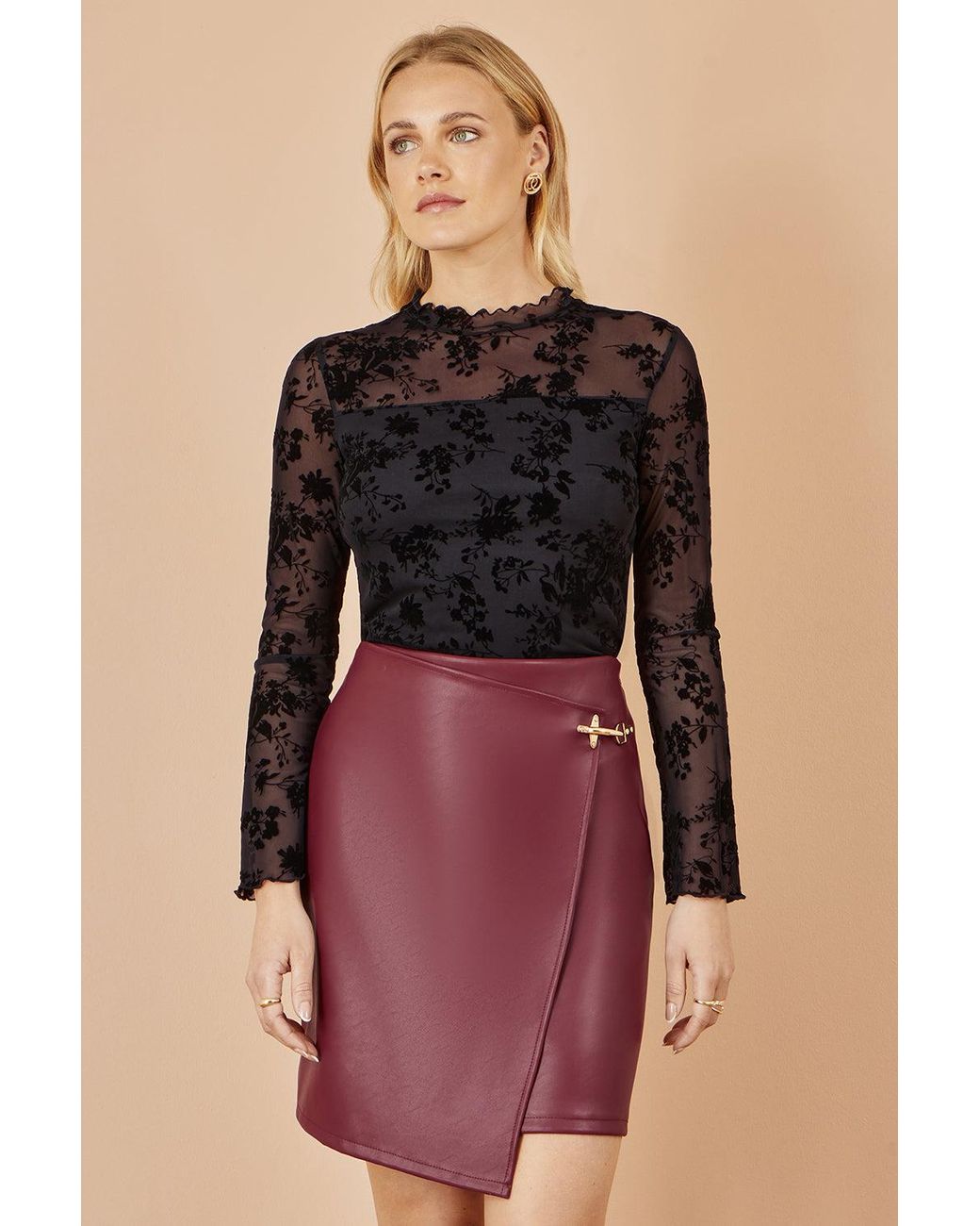 Yumi' Black Flocked Floral Stretch Mesh Top With Long Sleeves