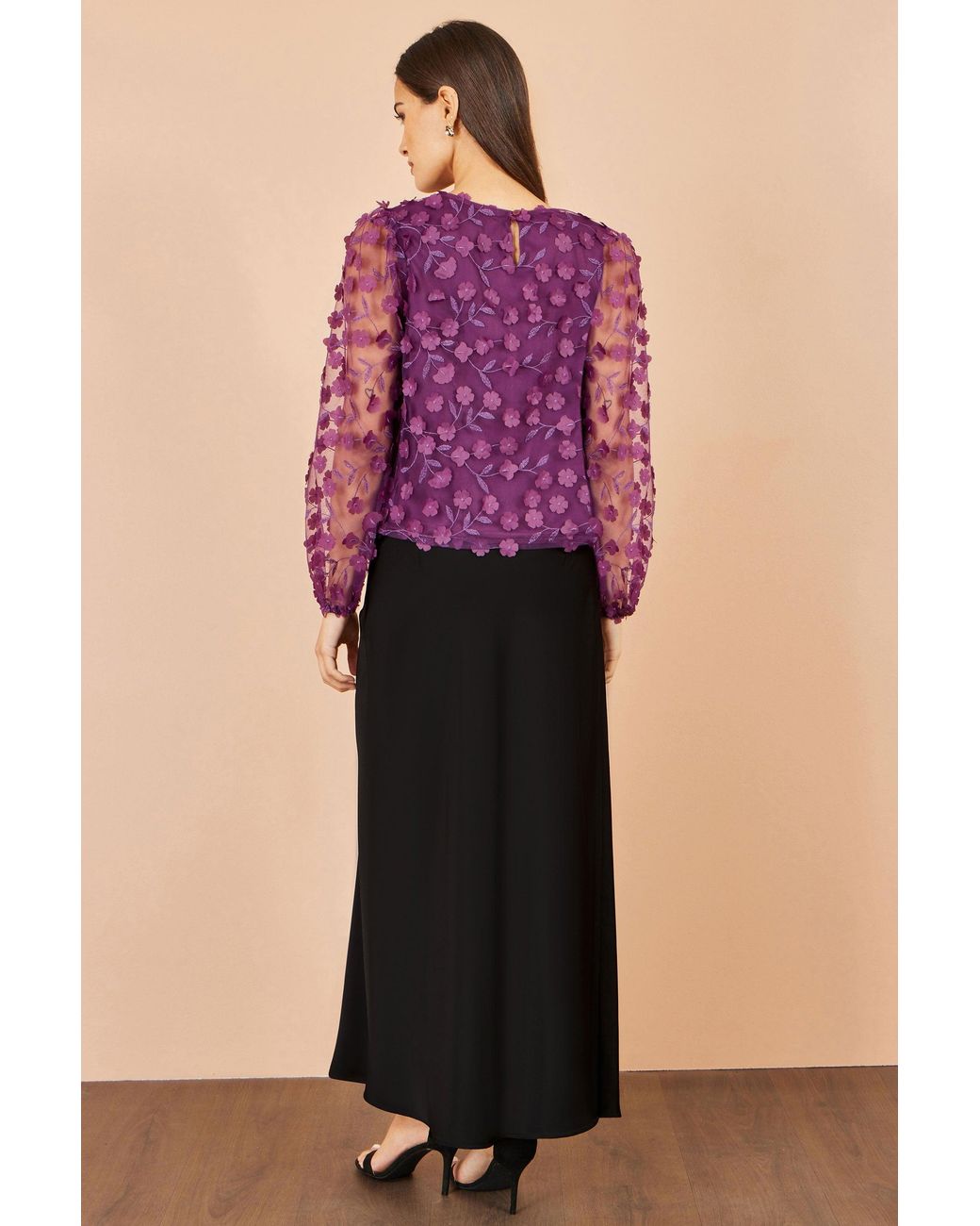 Yumi' Purple Sheer Sleeve Applique Flower Top