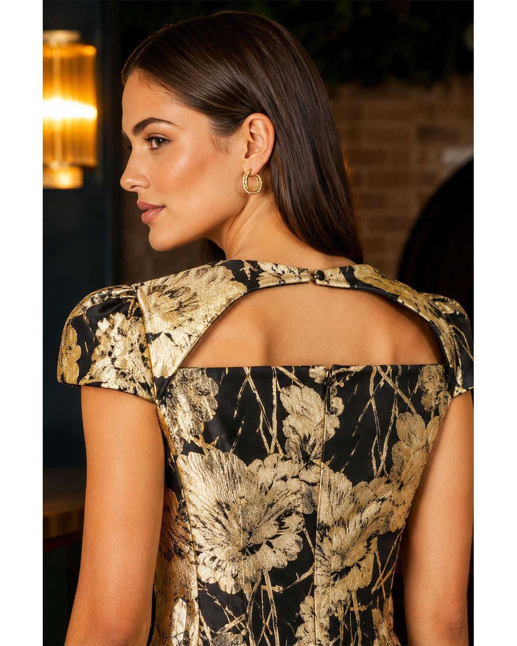Yumi' Black Floral Jacquard Mini Skater Dress