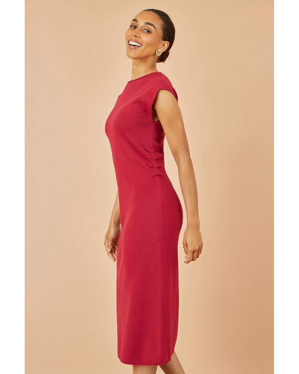 Yumi' Pink Knitted Ruched Midi Dress