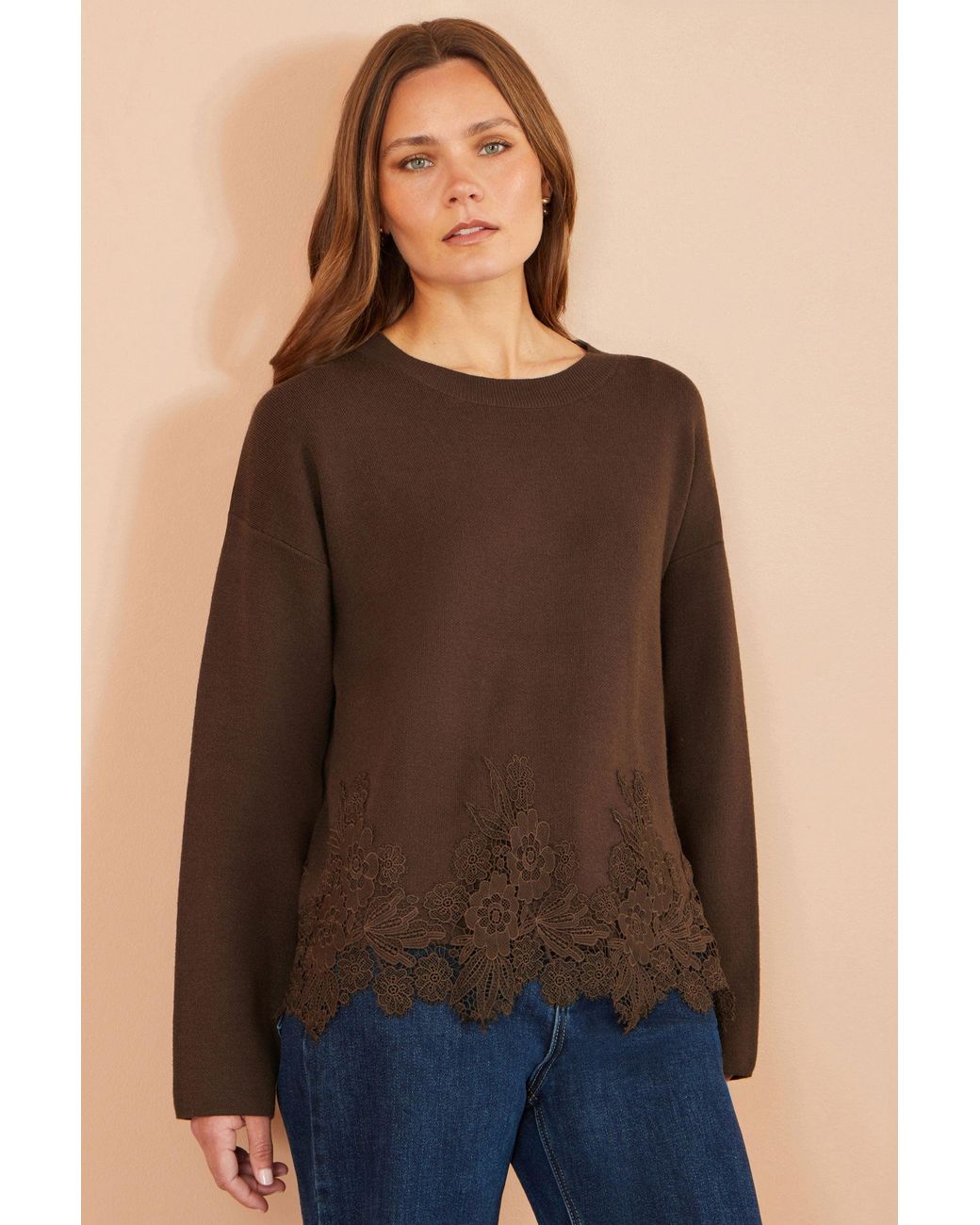 Yumi' Brown Viscose Relaxed Jumper With Lace Trim