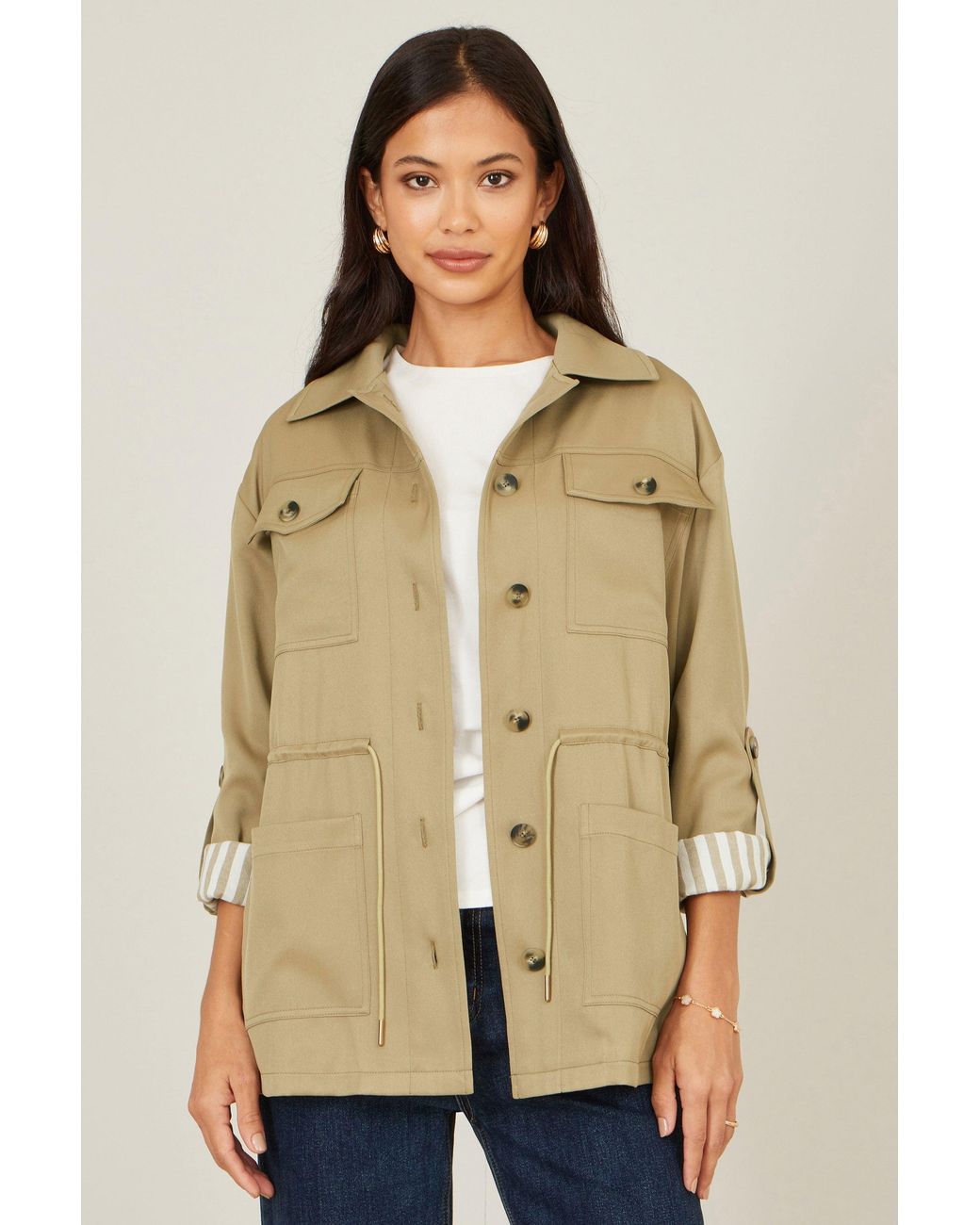 Yumi' Natural Utility Jacket With Drawstring Waist And Stripe Lining