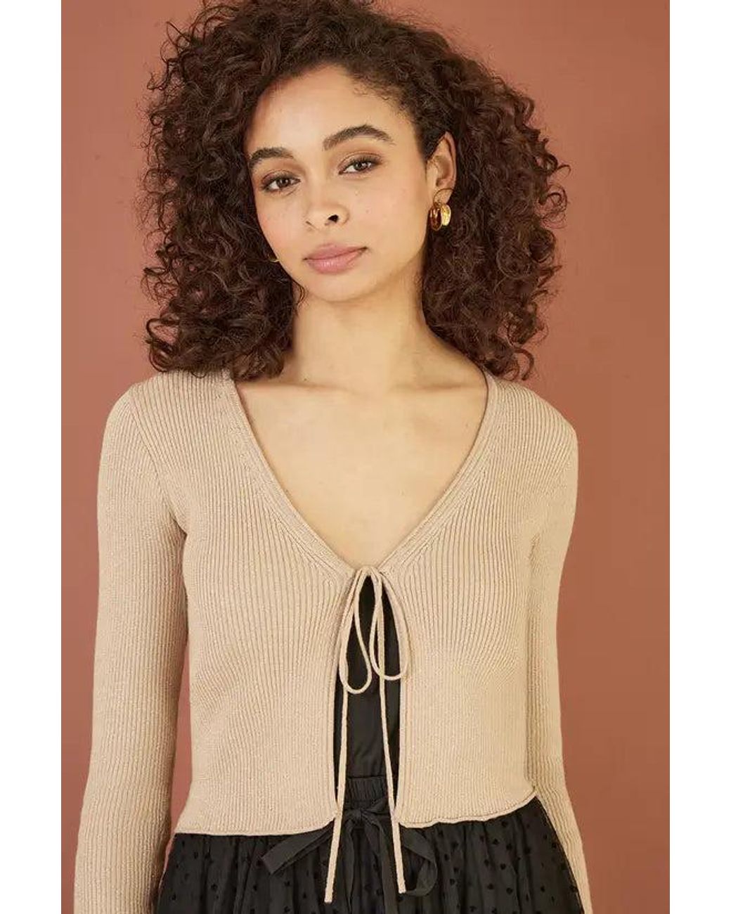 Yumi' Natural Metallic Knitted Ribbed Tie Front Bolero