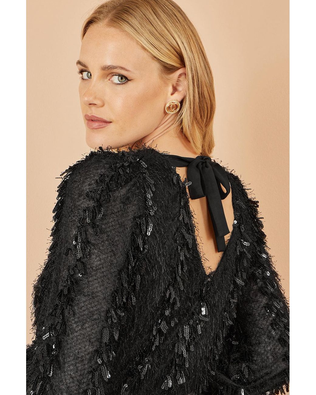 Yumi' Black Hanging Sequin Long Sleeve Top