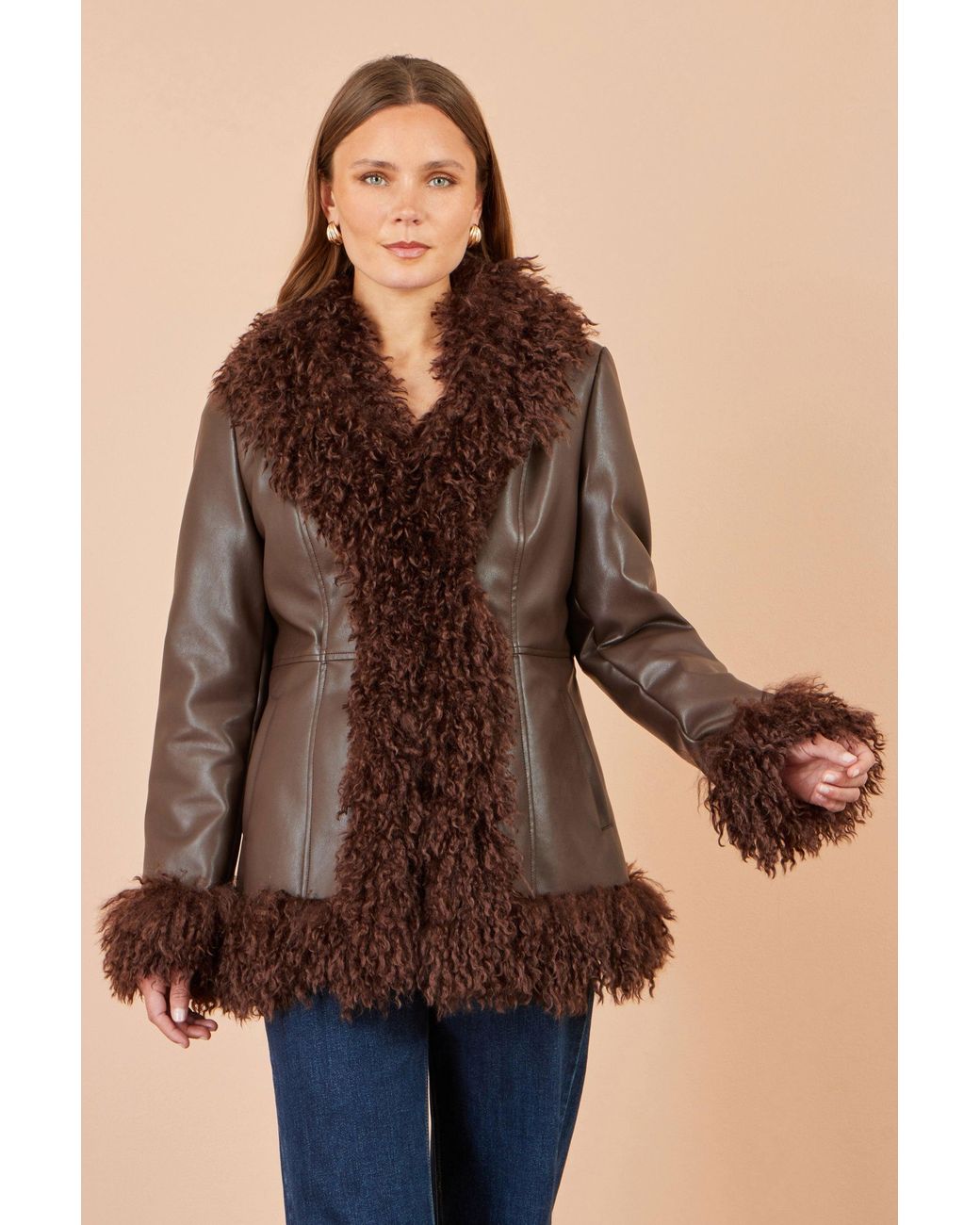 Yumi' Brown Faux Leather Coat With Faux Fur Trims
