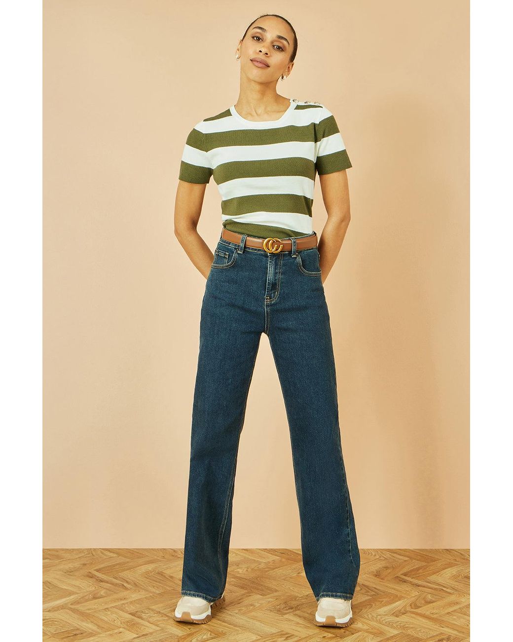 Yumi' Green Block Stripe Knitted Top With Button Details