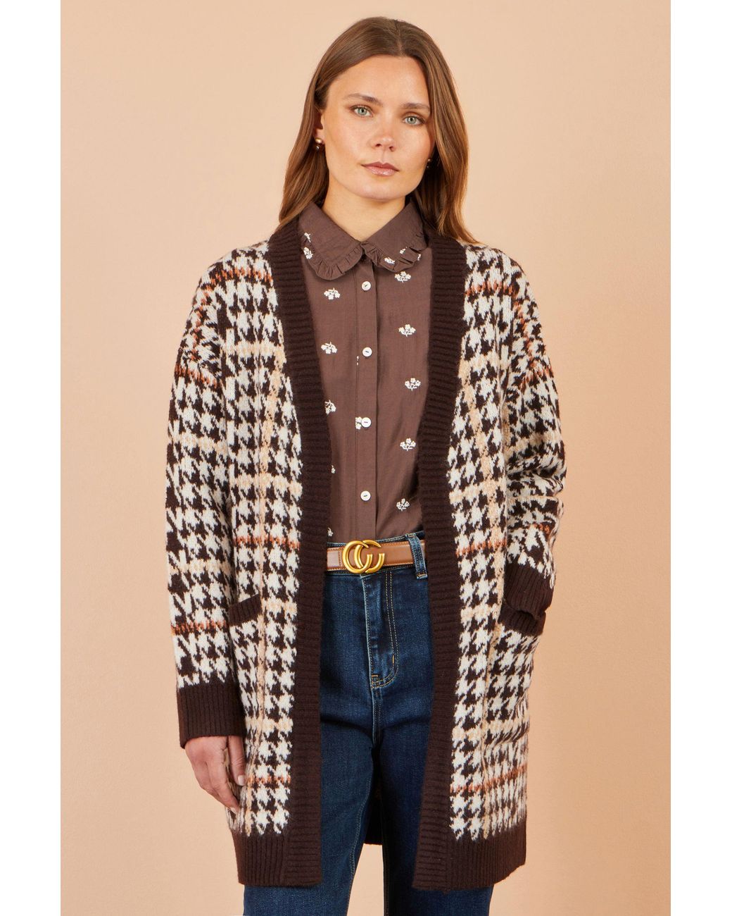 Yumi' Brown Knitted Check Long Cardigan