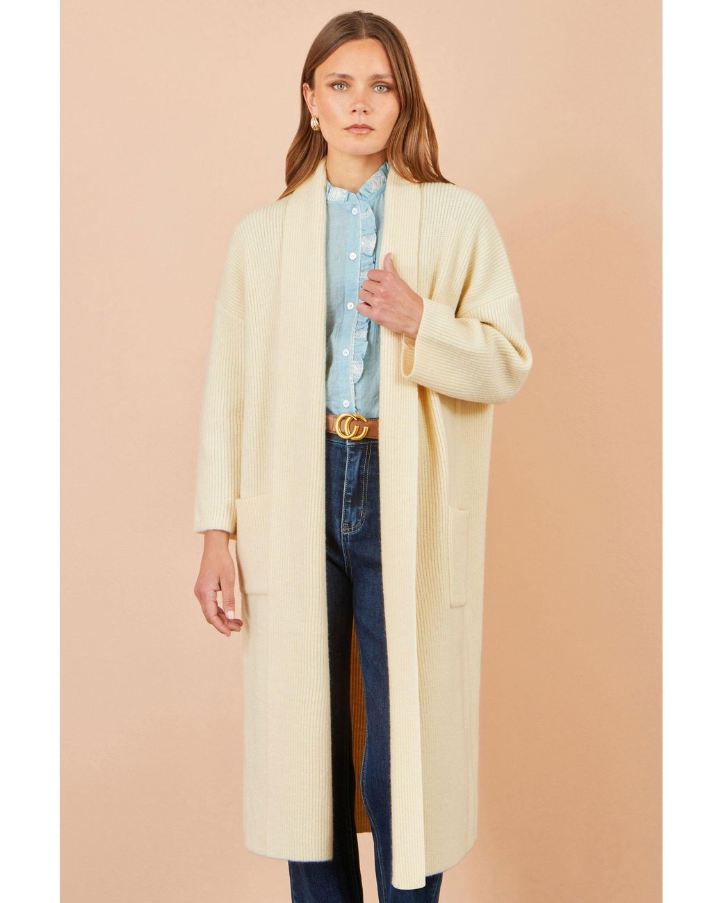 Yumi' Natural Knitted Maxi Cardigan With Pockets
