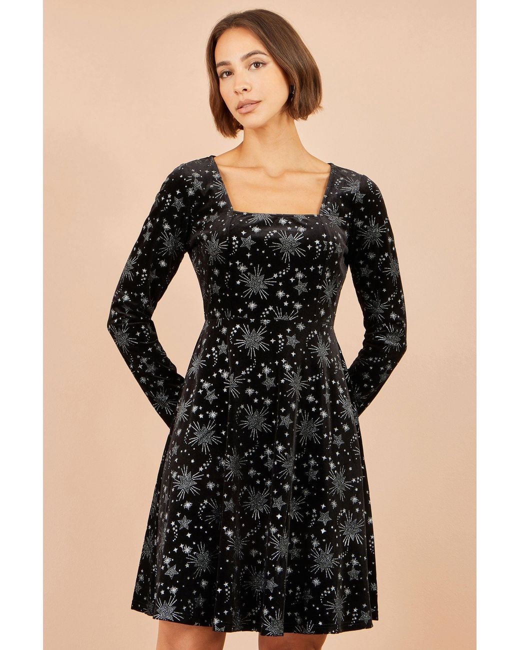 Yumi' Black Starburst Foil Print Long Sleeve Skater Dress