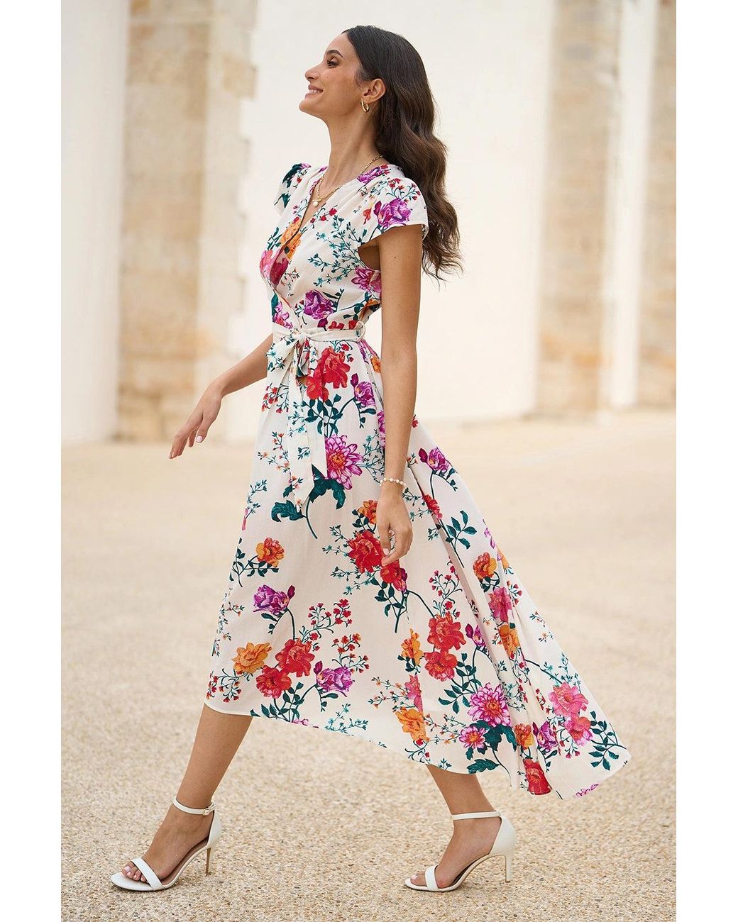 Yumi' Pink Flower Print Wrap Midi Dress