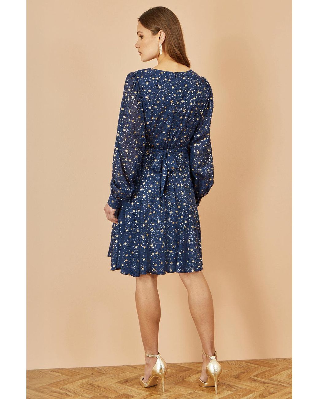 Yumi' Blue Star Print Foil Long Sleeve Dress