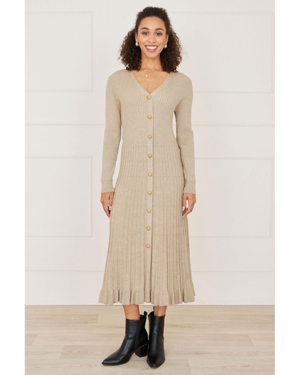Yumi' Natural Viscose Knitted Midi Ribbed Dress