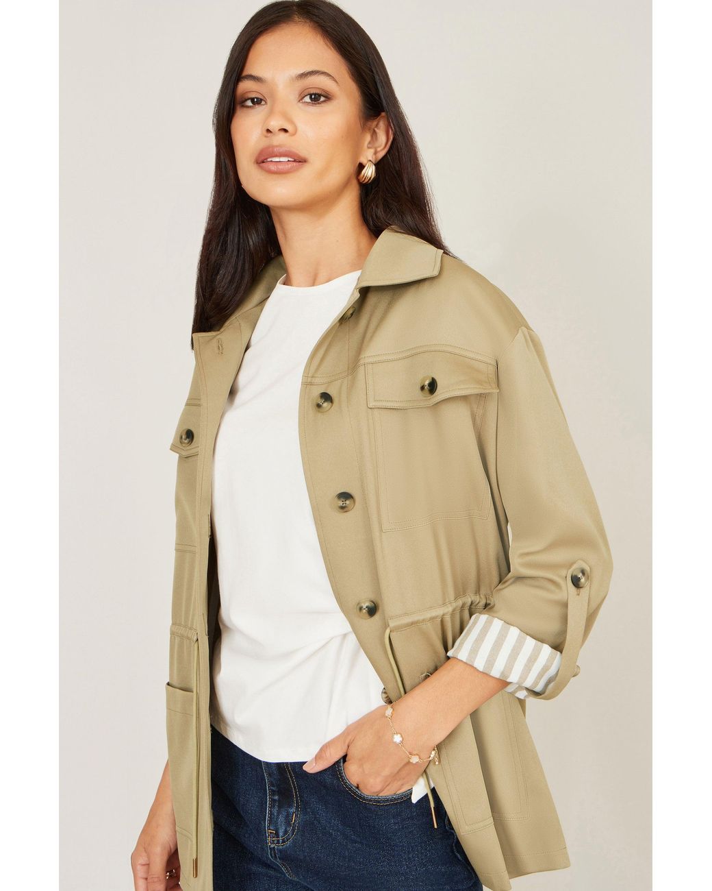 Yumi' Natural Utility Jacket With Drawstring Waist And Stripe Lining