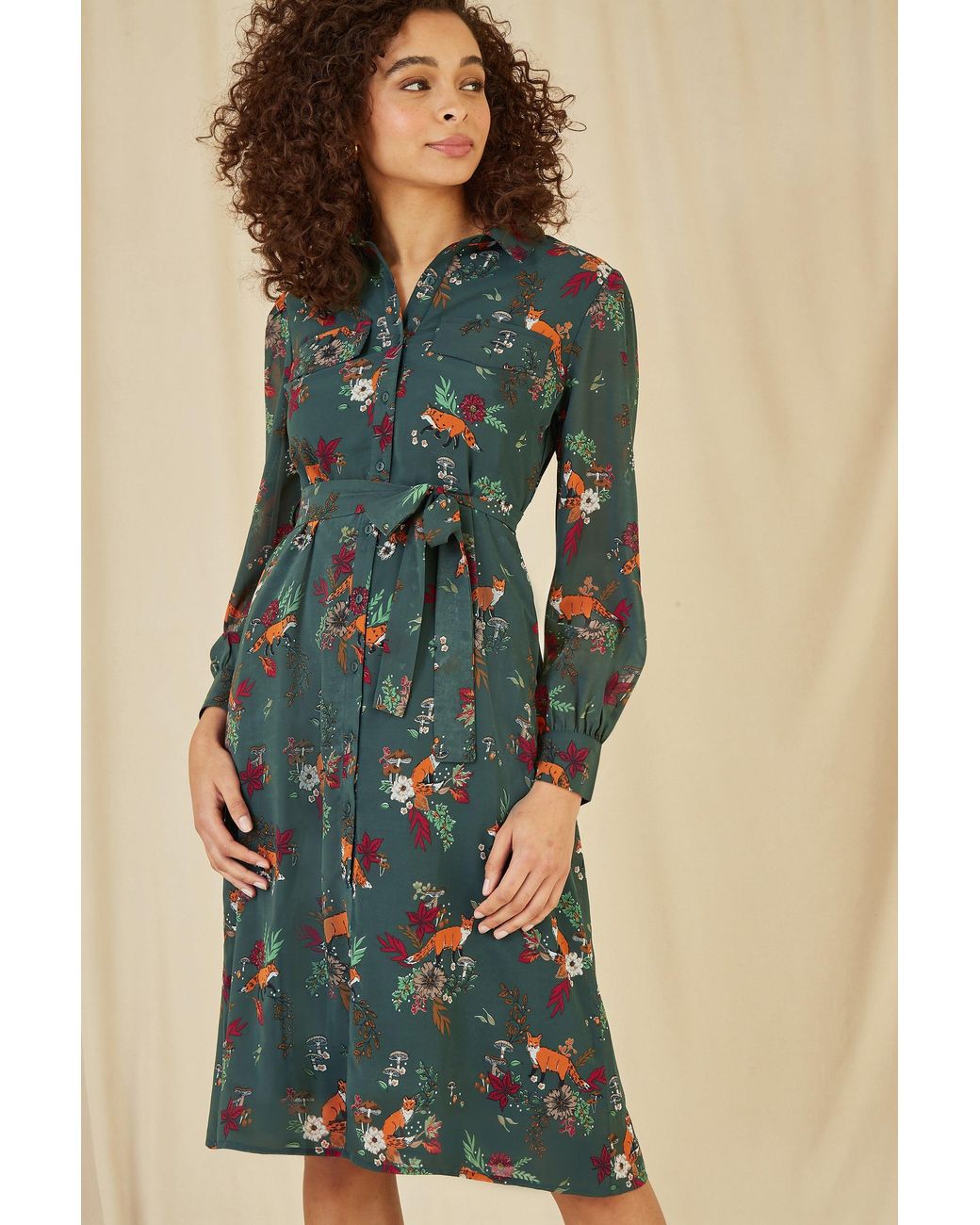 Yumi' Blue Recycled Fox Print Shirt Midi Dress