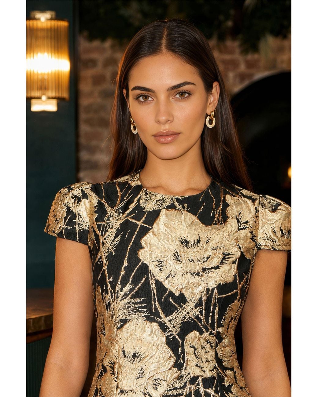 Yumi' Black Floral Jacquard Mini Skater Dress