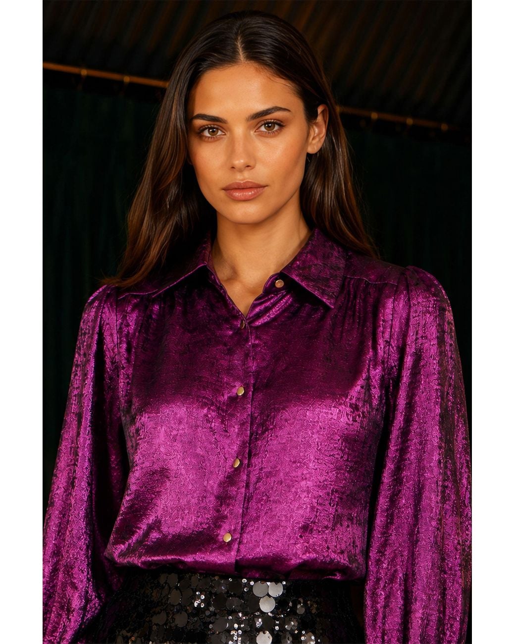 Yumi' Pink Metallic Relaxed Balloon Sleeve Shirt