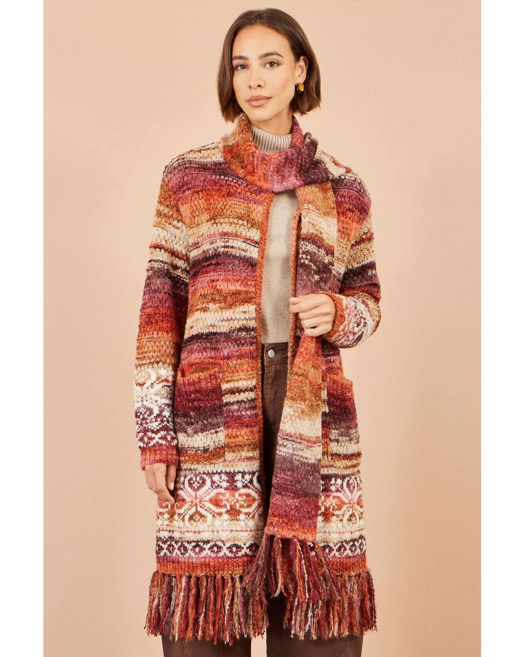 Yumi' Orange Boucle Soft Long Cardigan With Scarf