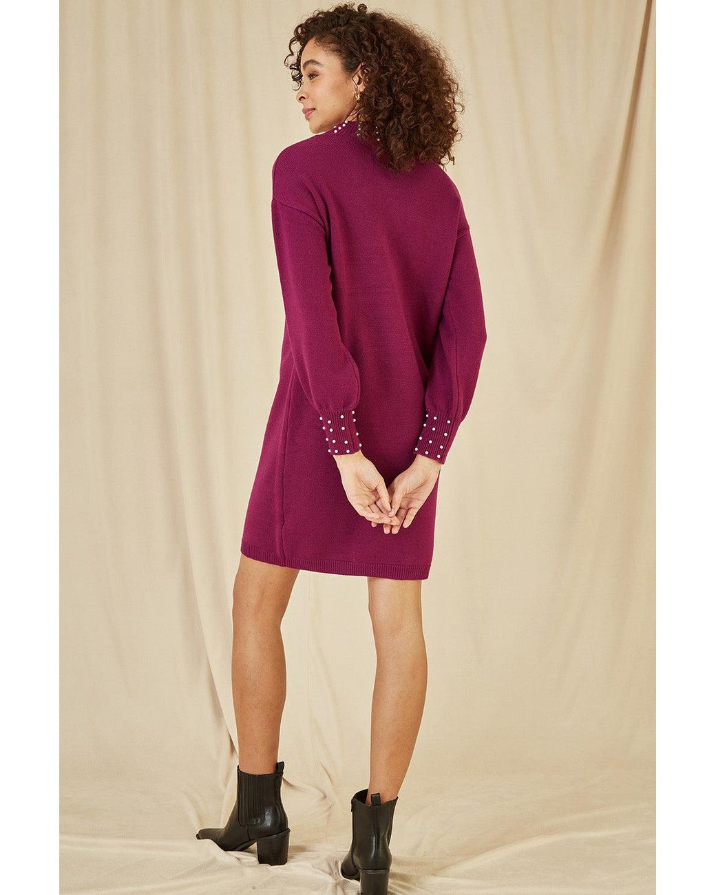 Yumi' Purple Plum Pearl Detail Knitted Relaxed Jumper Dress