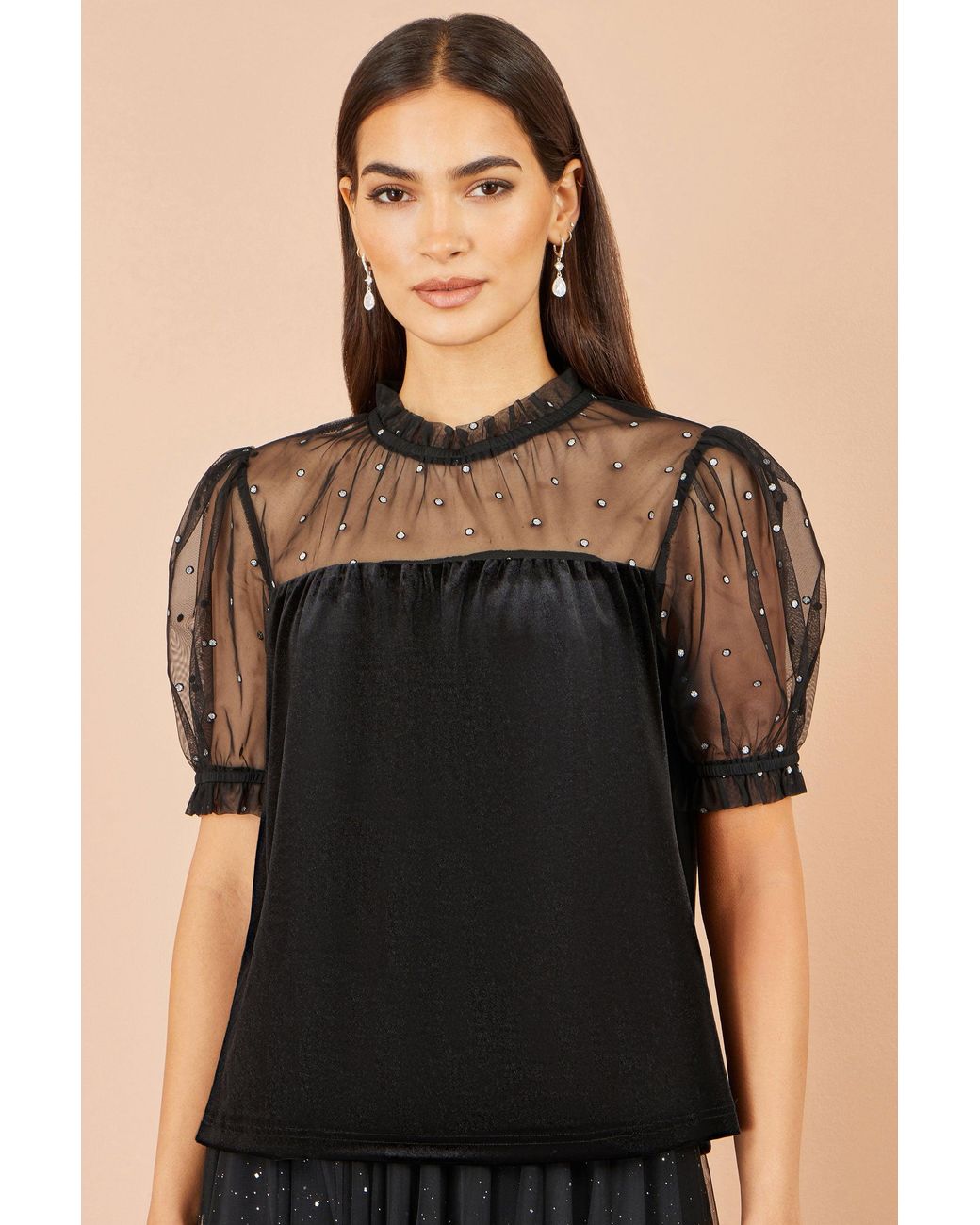 Yumi' Black Velvet Mesh Embellished Top