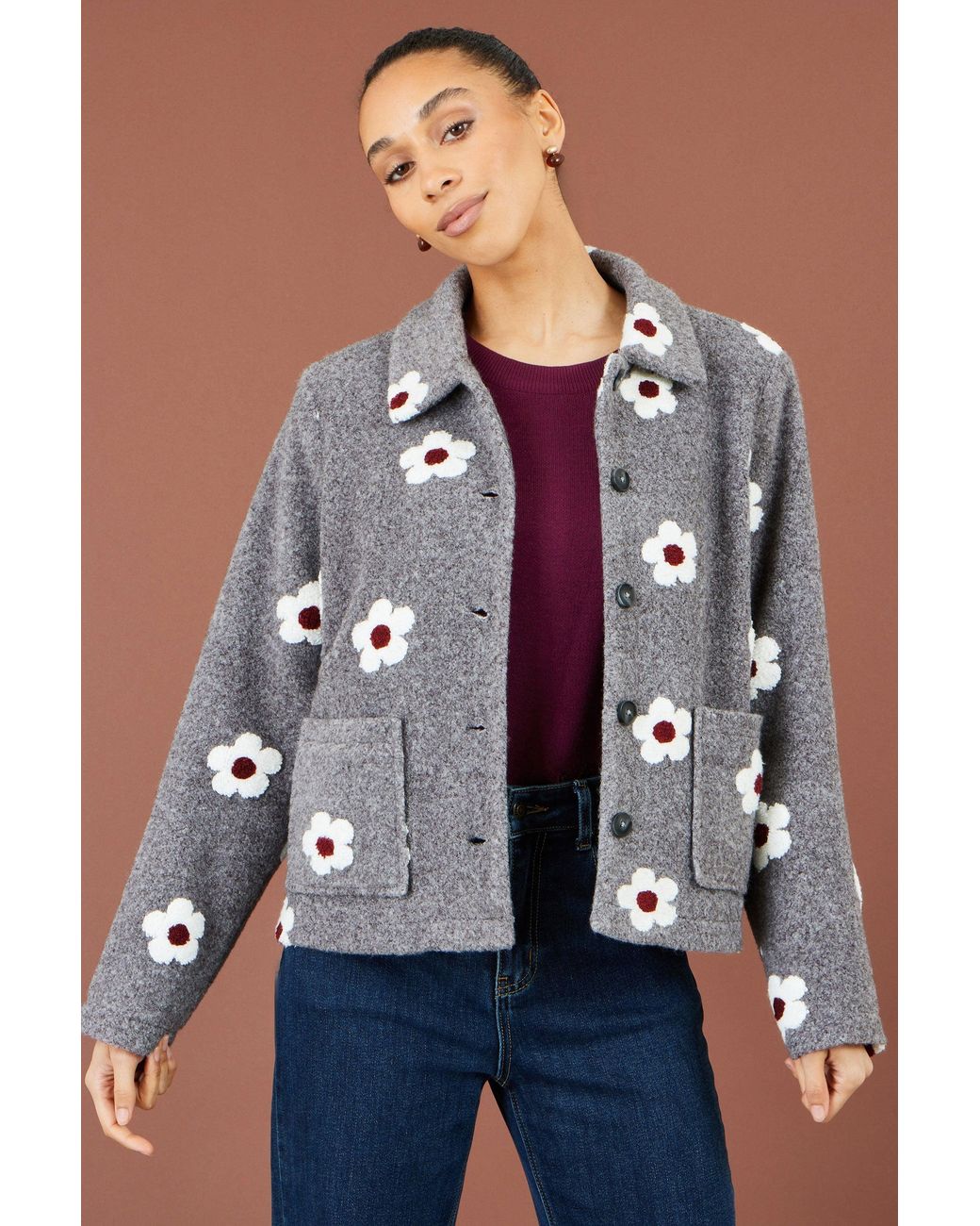Yumi' Blue Embroidered Daisy Fleece Jacket