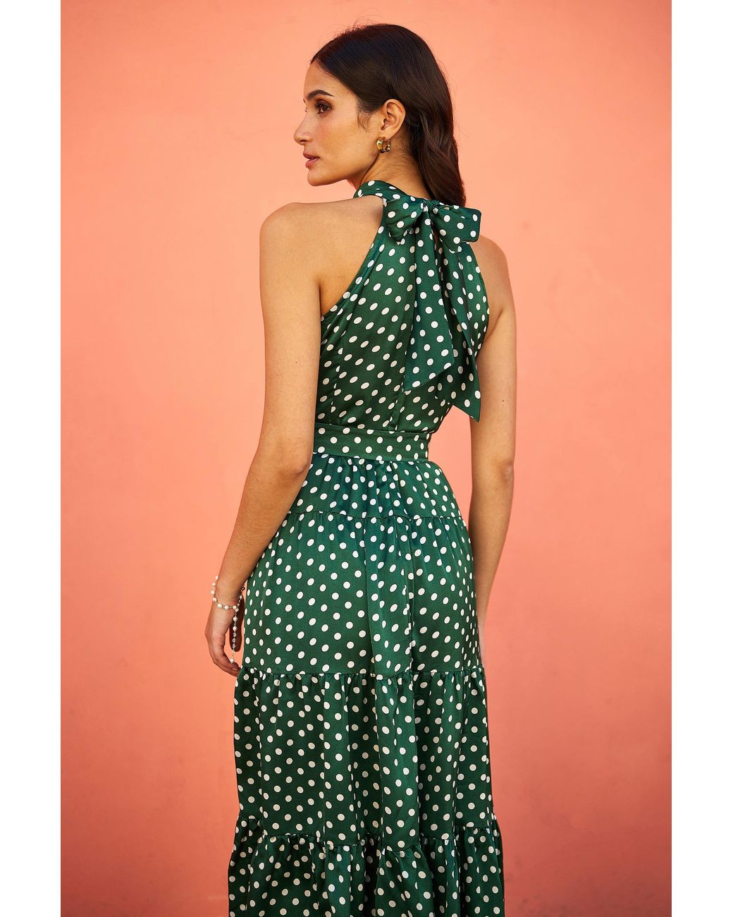 Yumi' Green Spot Print Halter Midi Dress With Matching Belt