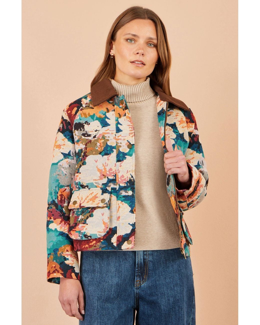Yumi' Blue Multicolour Floral Woven Bomber Jacket