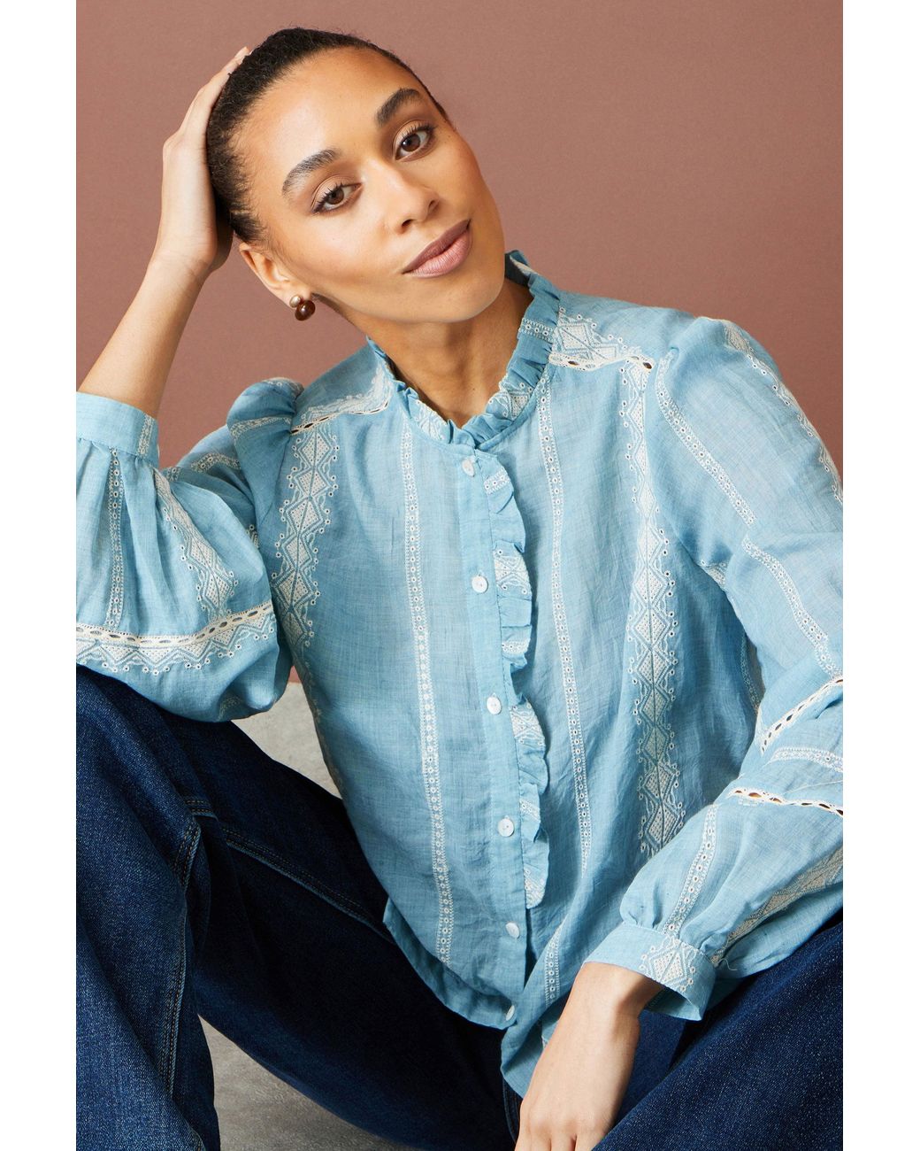 Yumi' Blue Cotton Embroidered Panel Shirt