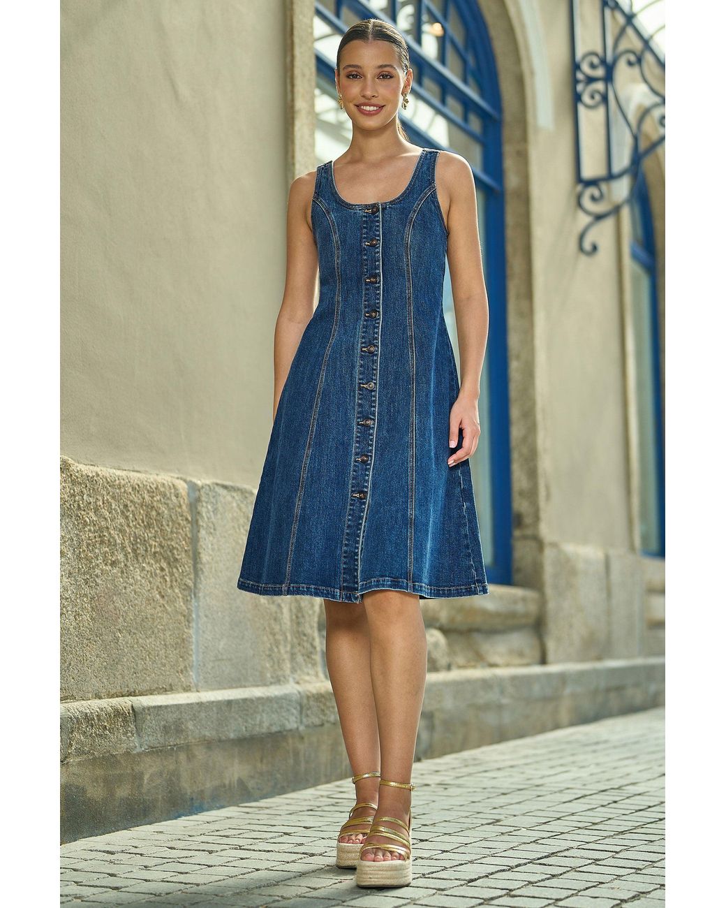 Yumi' Blue Stretch Denim Panel Fitted Dress