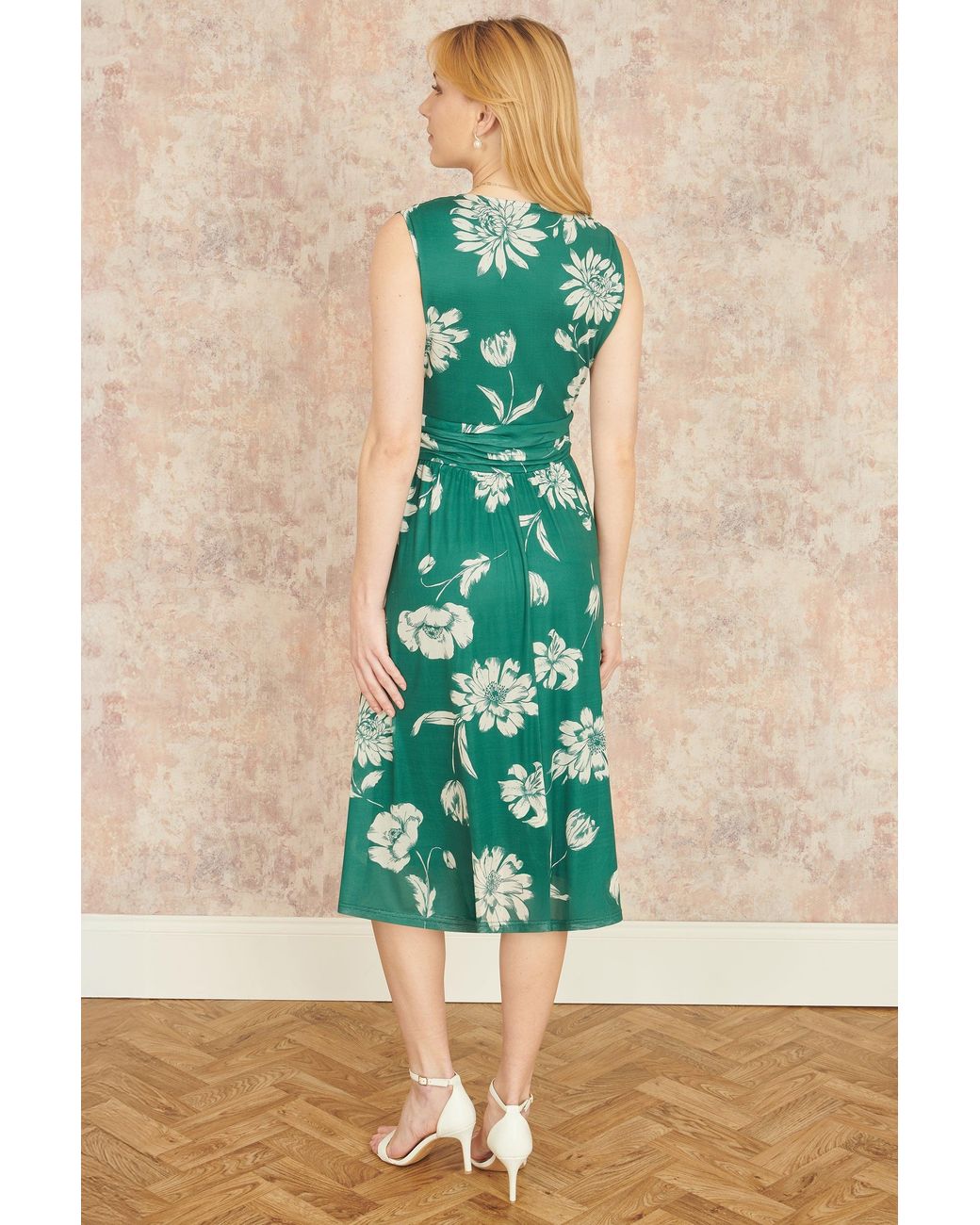 Yumi' Green Floral Print Stretch Mesh Dress With Pockets