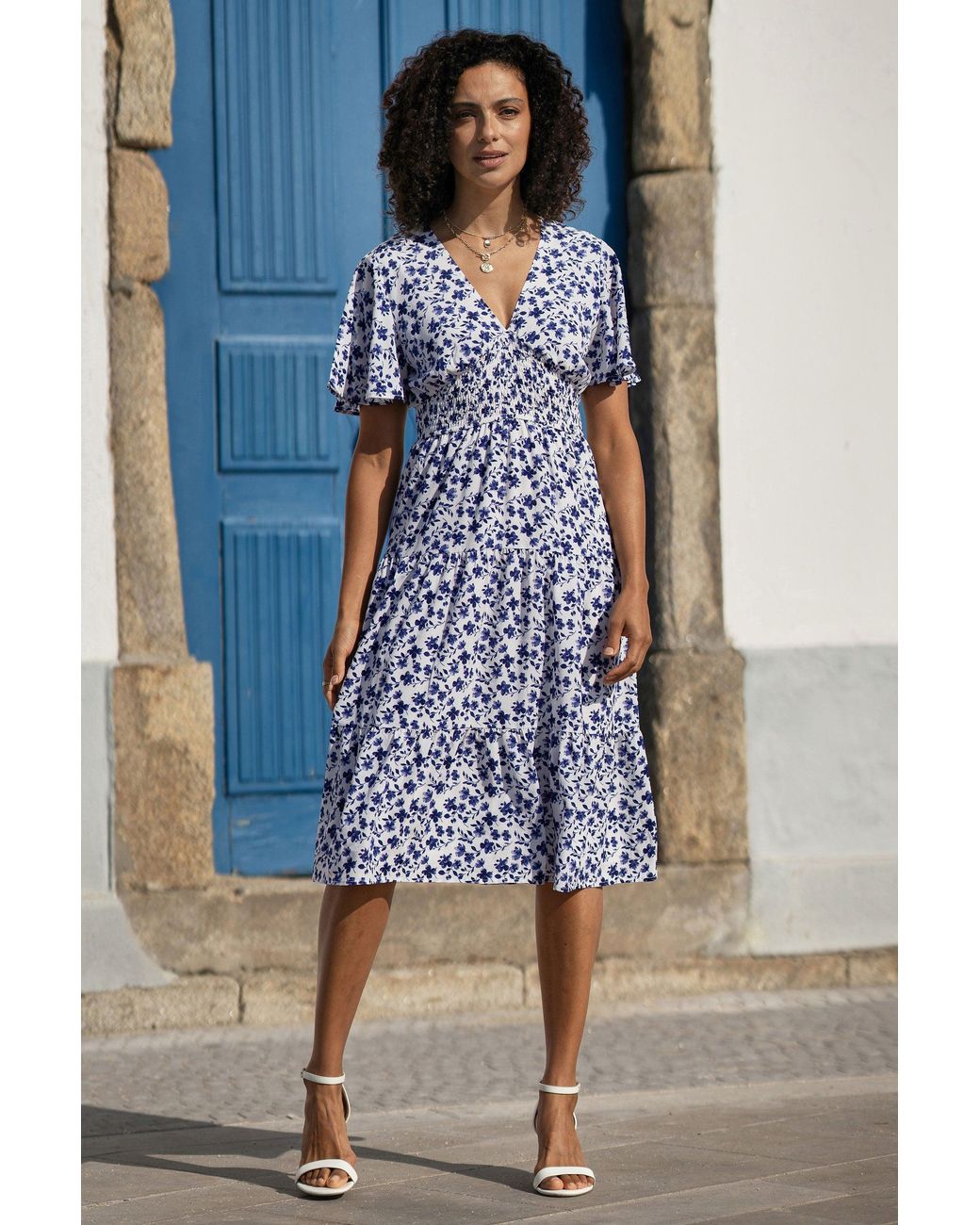 Yumi' Blue Floral Ruched Waist Midi Dress With Angel Sleeves