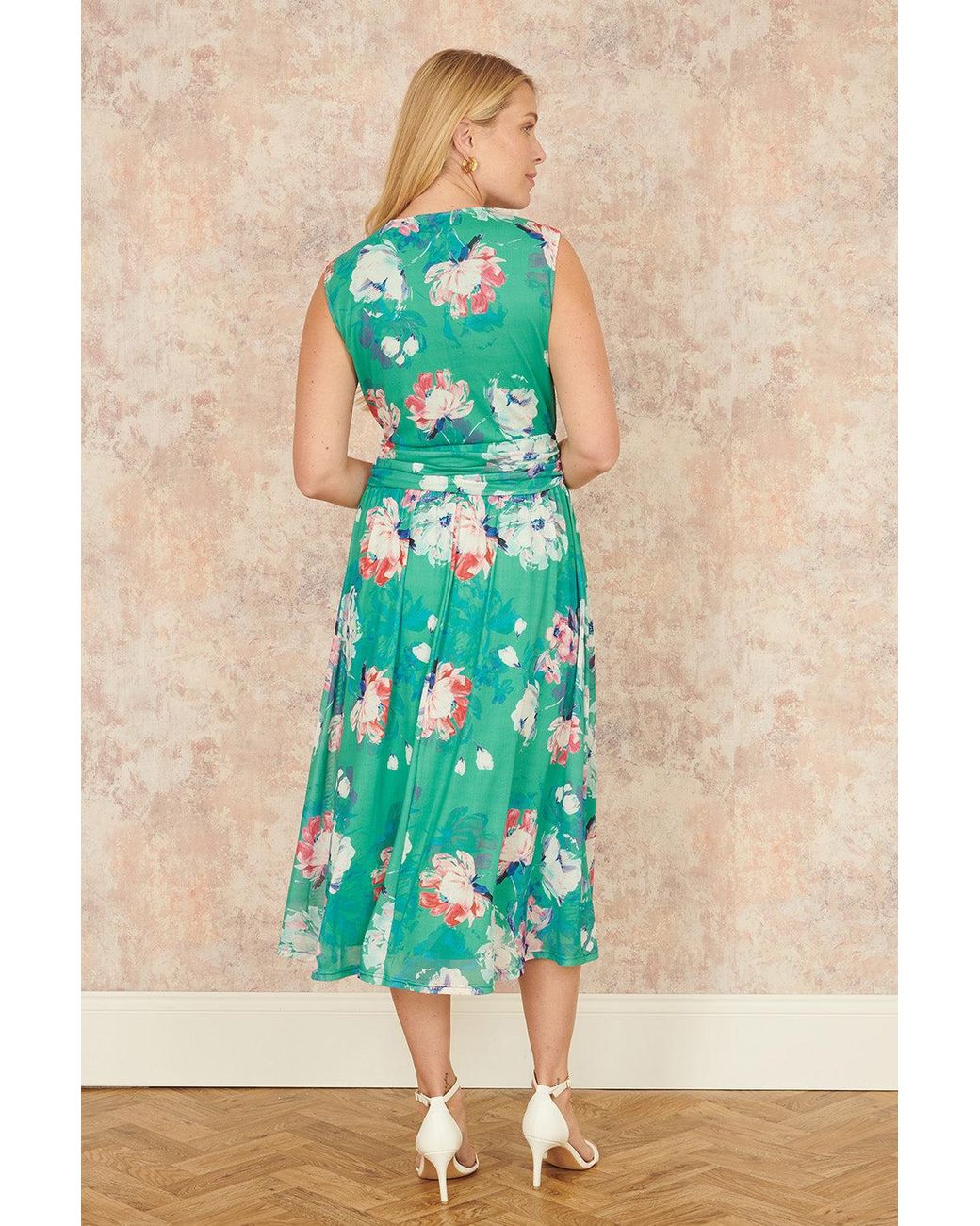 Yumi' Blue Blossom Print Stretch Mesh Dress With Pockets