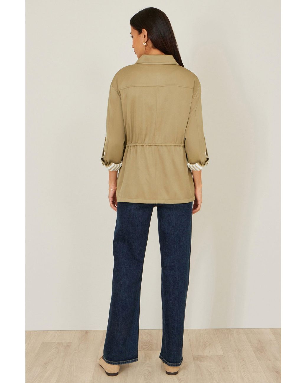 Yumi' Natural Utility Jacket With Drawstring Waist And Stripe Lining