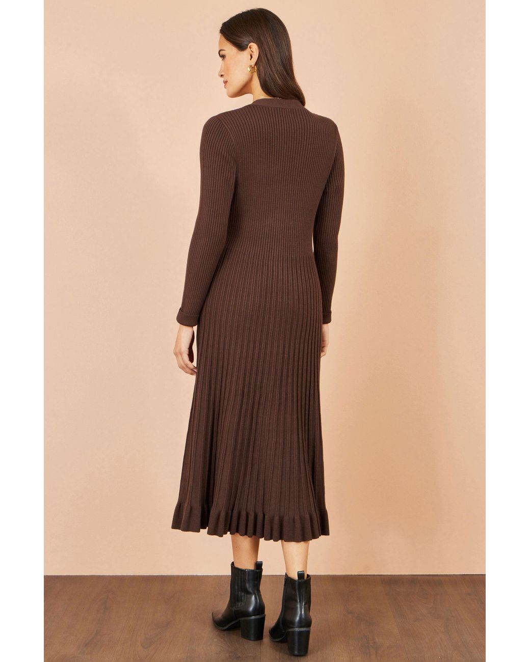 Yumi' Brown Viscose Knitted Midi Ribbed Dress
