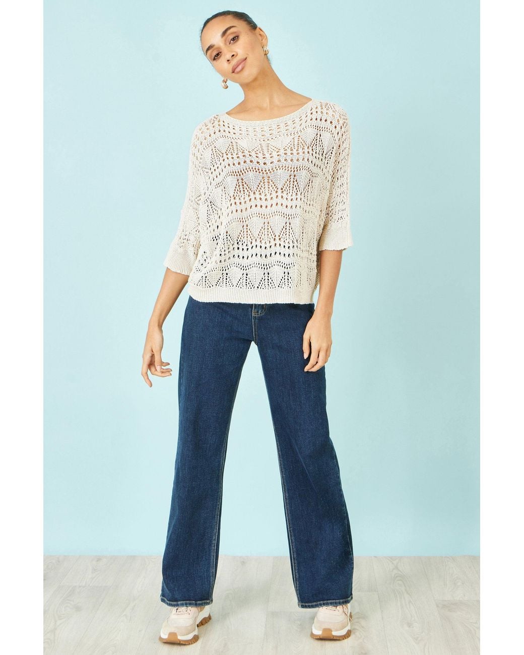 Yumi' White Cotton Mix Relaxed Fit Pointelle Jumper