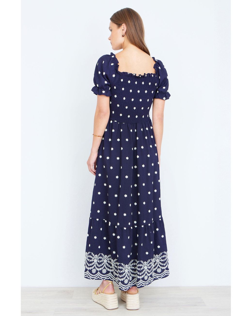 Yumi' Blue Border Hemline Smocked Maxi Dress