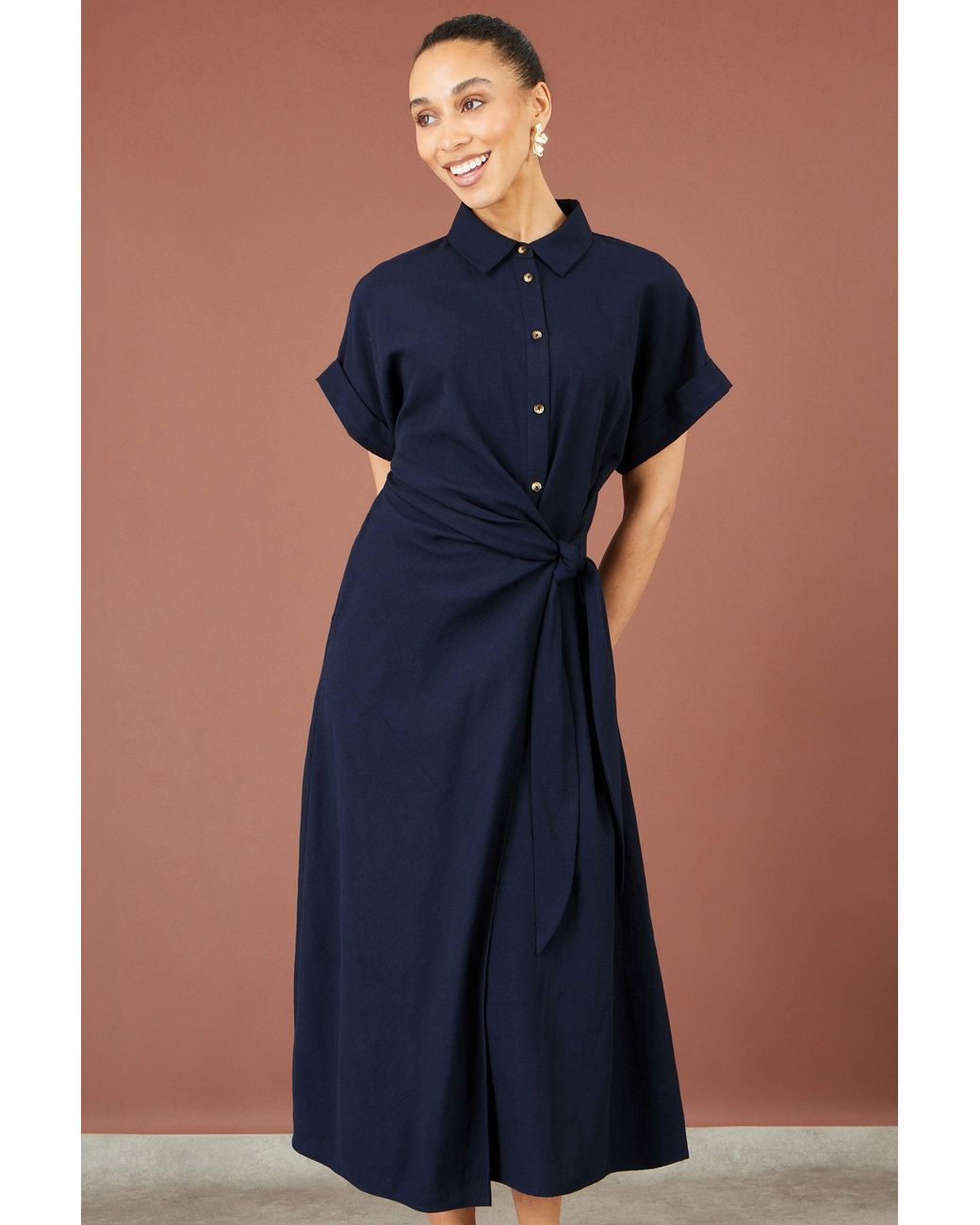 Yumi' Blue Wrap Tie Midi Shirt Dress