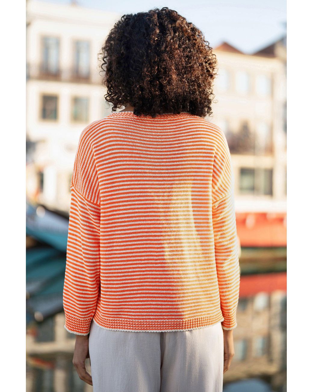 Yumi' Orange Knitted Stripe Relaxed Jumper