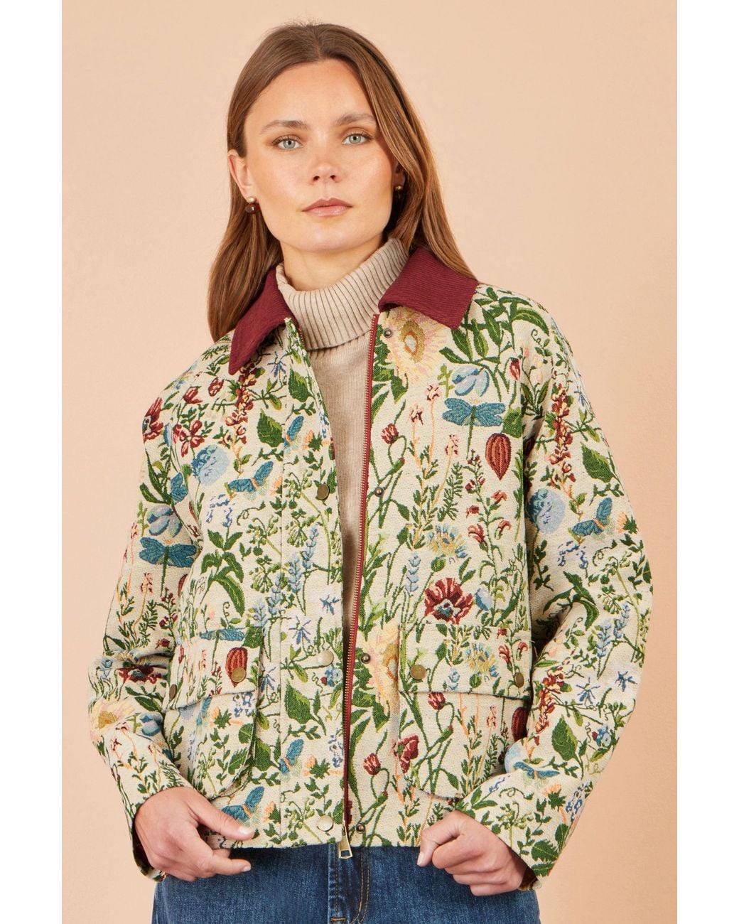 Yumi' Green Botanical Woven Bomber Jacket