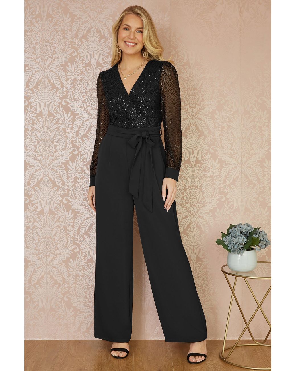 Yumi' Black Sequin Jumpsuit With Long Sleeves