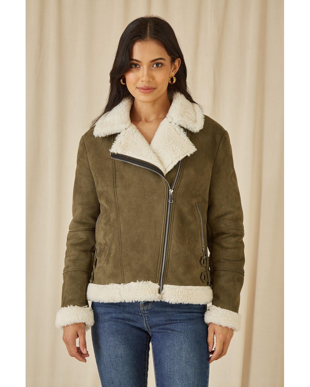 Yumi' Natural Faux Suede And Shearling Biker Jacket