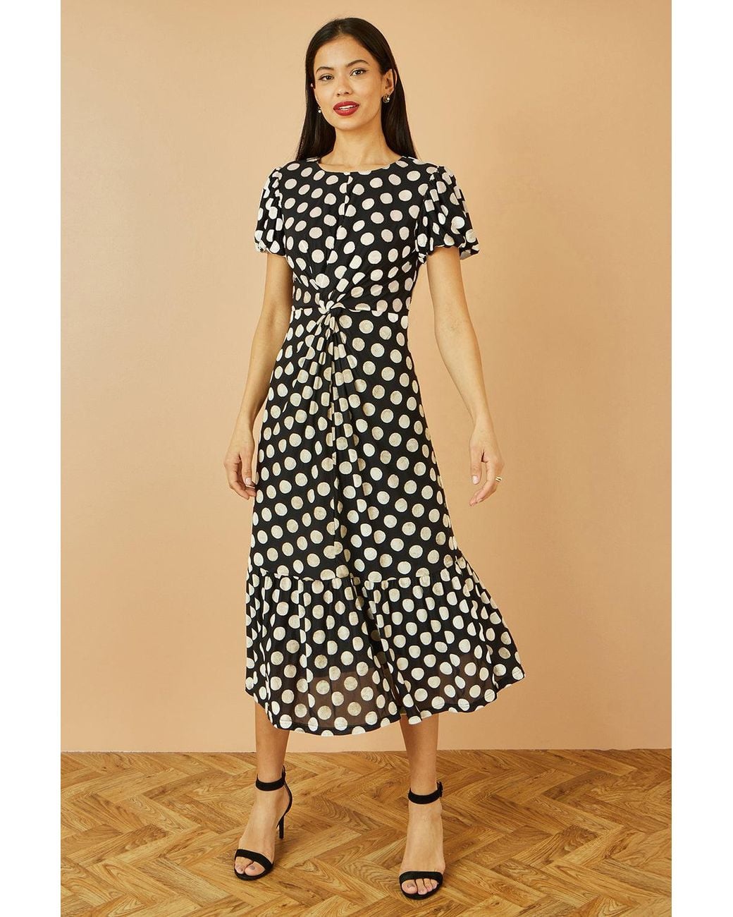Yumi' Black Velvet Spot Print Twist Knot Waist Midi Dress