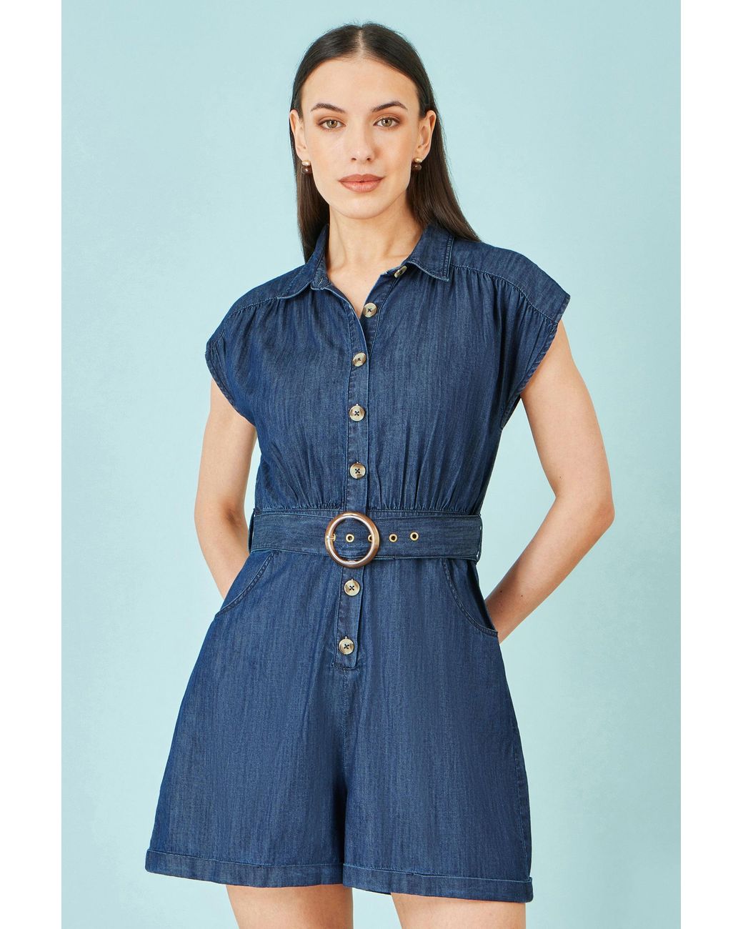 Yumi' Blue Chambray Cotton Playsuit