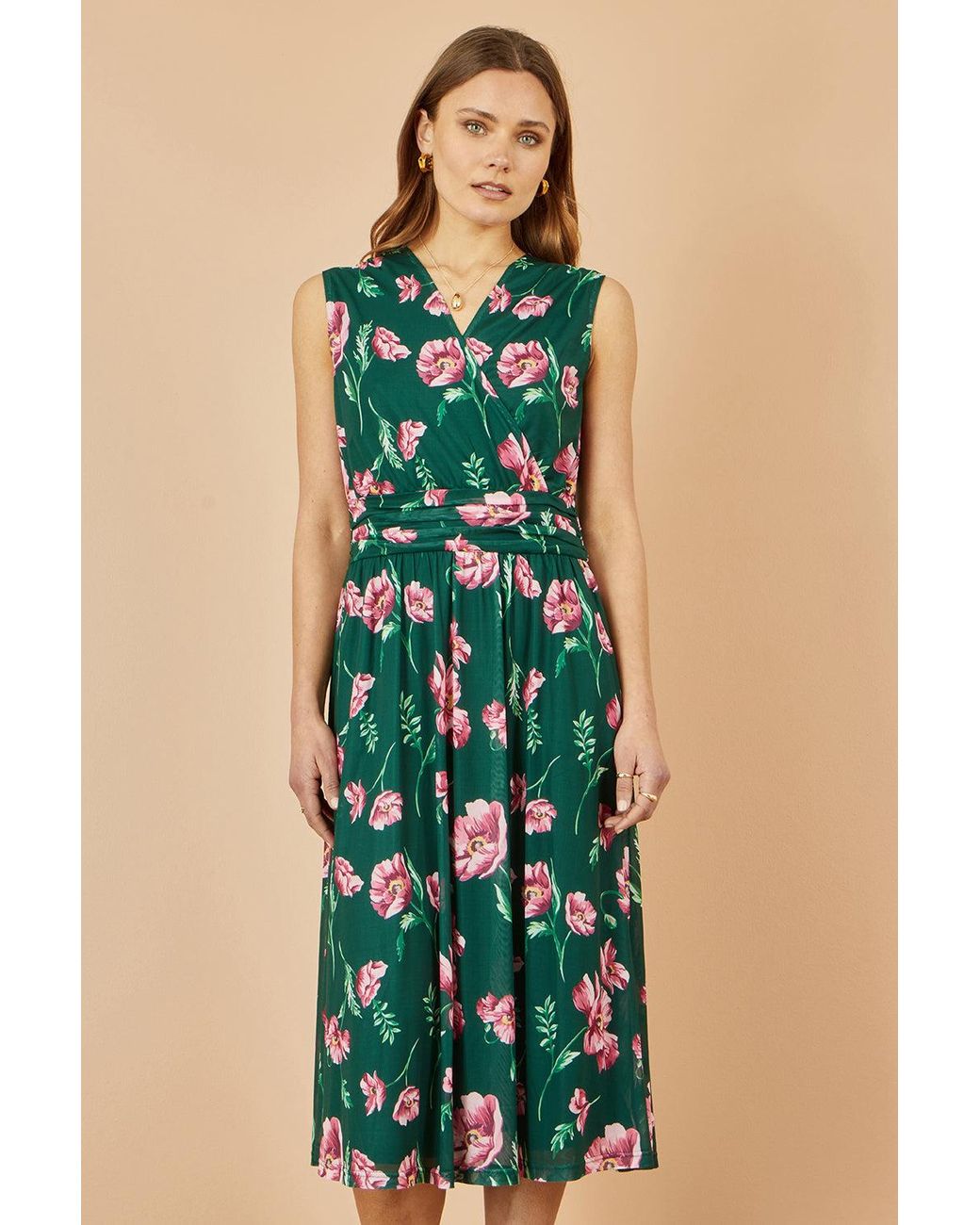 Yumi' Blue Floral Print Mesh Stretch Midi Dress With Pockets