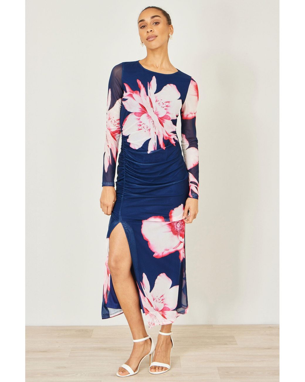 Yumi' Blue Floral Placement Floral Long Sleeve Mesh Maxi Dress