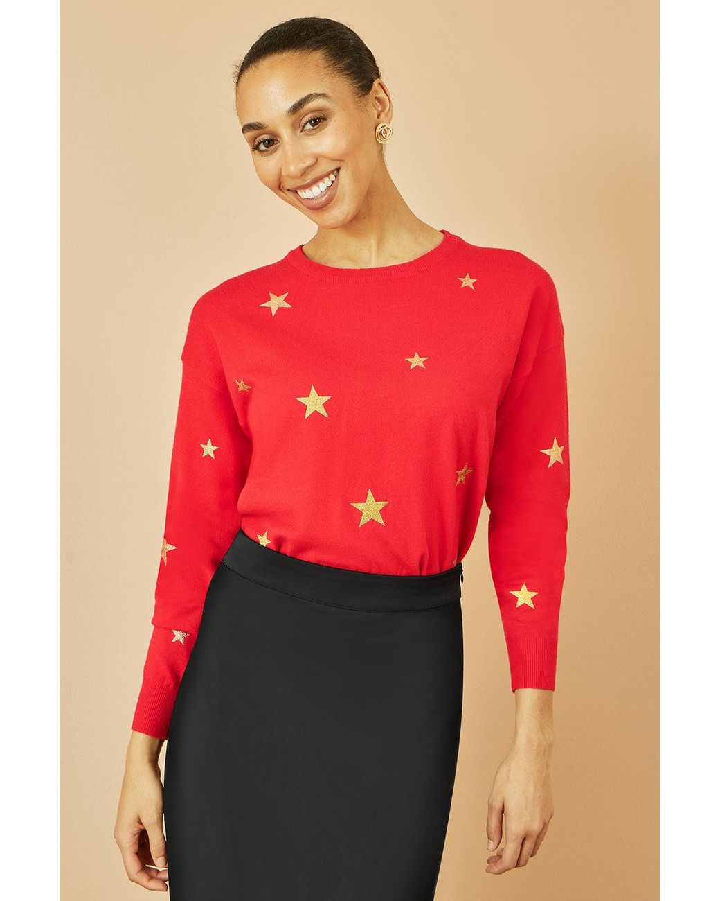 Yumi' Red Foil Star Print Relaxed Fit Jumper