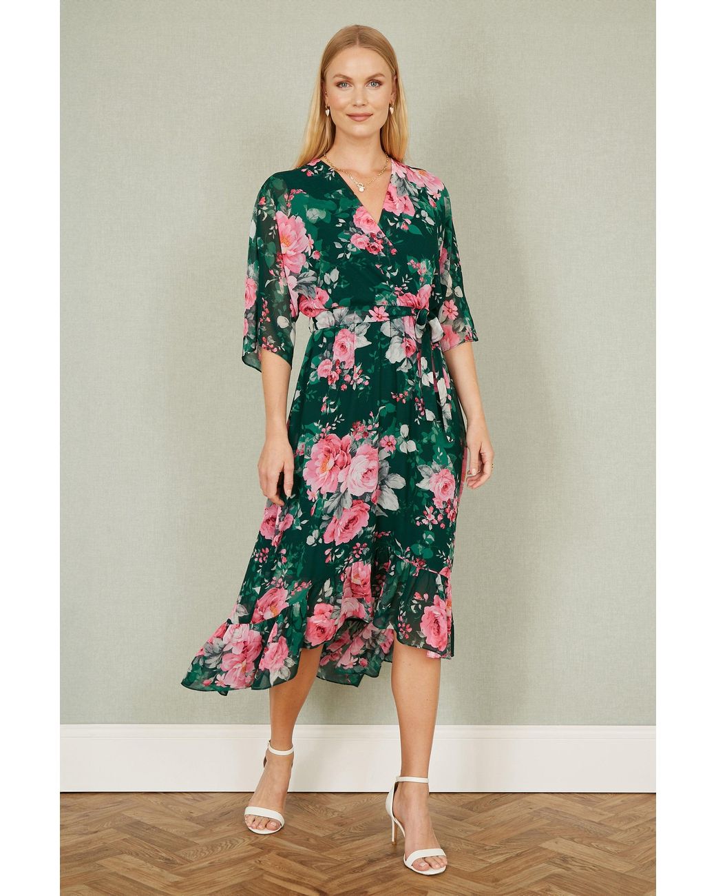 Yumi' Green Dark Kimono Sleeves Midi Dip Hem Wrap Midi Dress