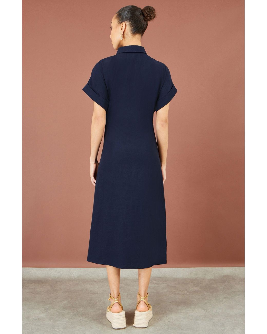 Yumi' Blue Wrap Tie Midi Shirt Dress