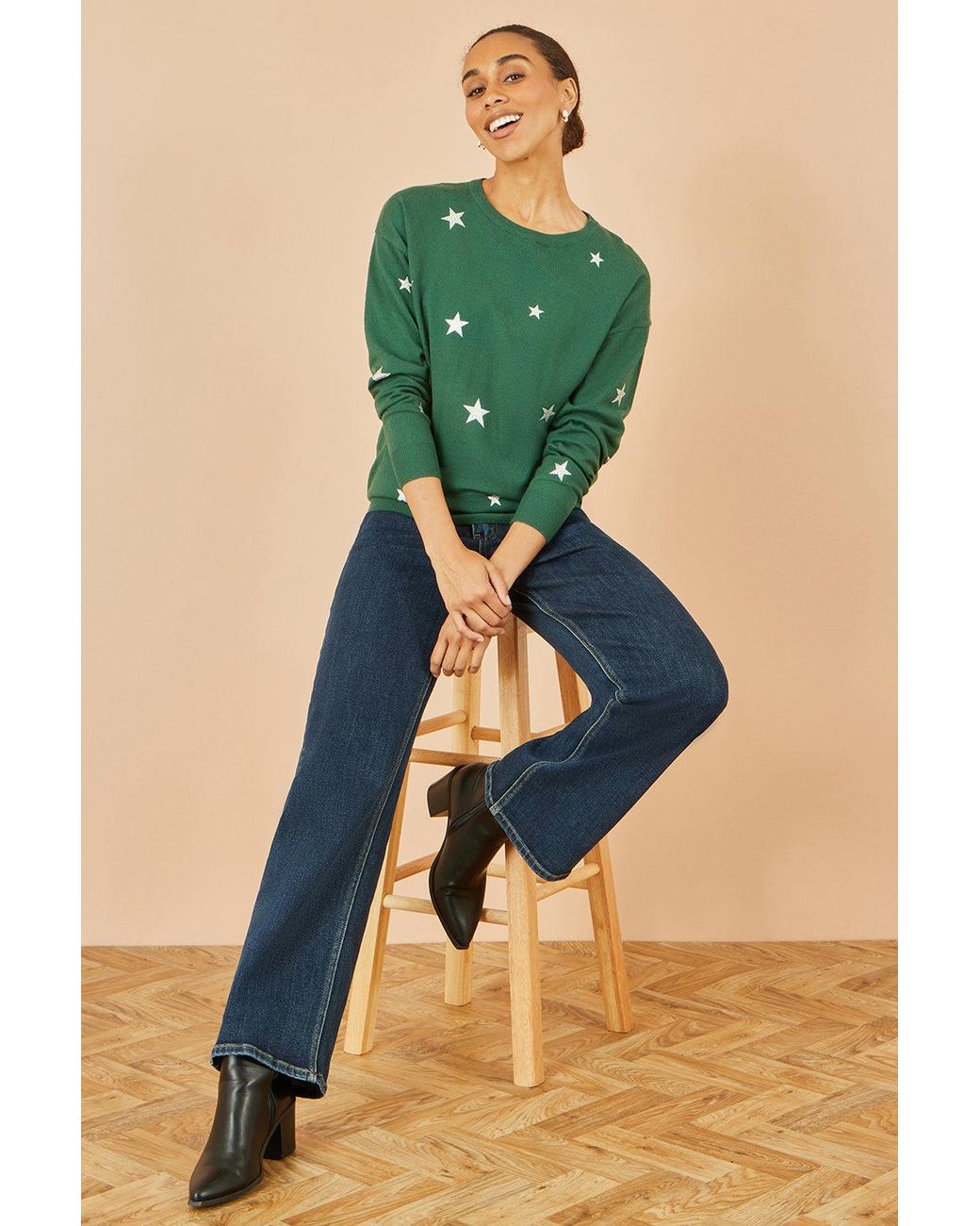 Yumi' Green Foil Star Print Relaxed Fit Jumper